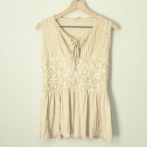 POL Cream Lace-Trim Sleeveless Tank